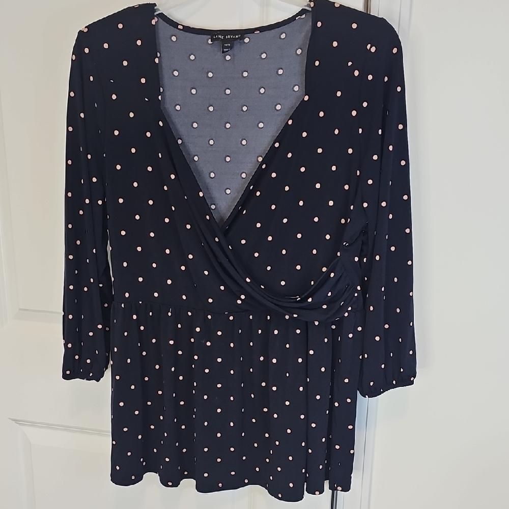 Lane Bryant Navy and Pink Polka Dot‎ Blouse